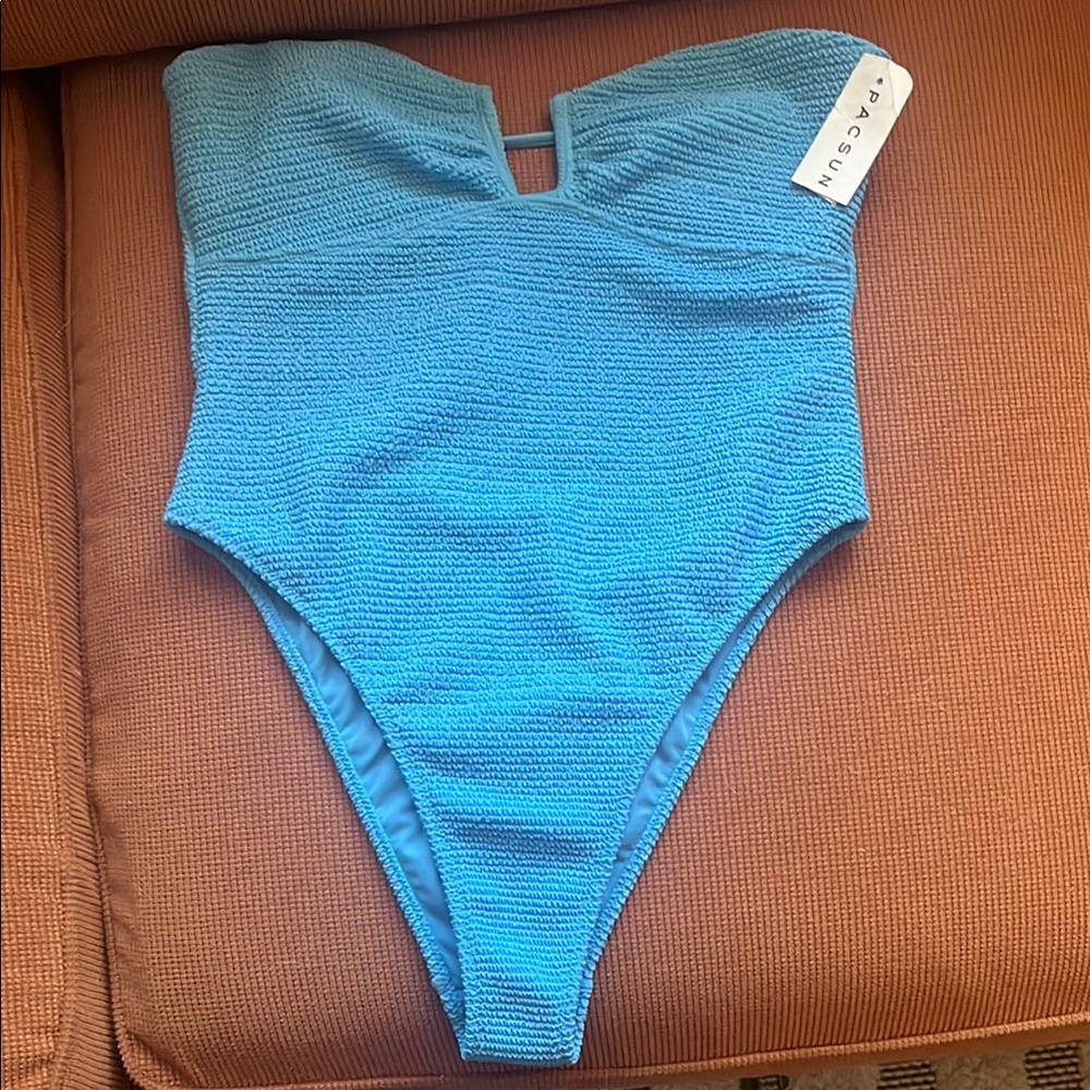 PacSun Blue Ribbed Strapless One Piece Swimsuit